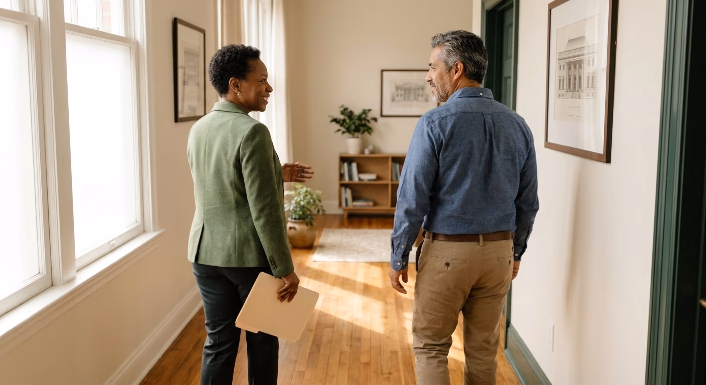 A clinician walking beside an adult patient through a clinic hallway after a visit