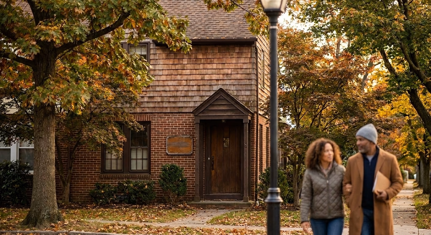 Maplewood-inspired private clinic exterior on a quiet residential street, daylight
