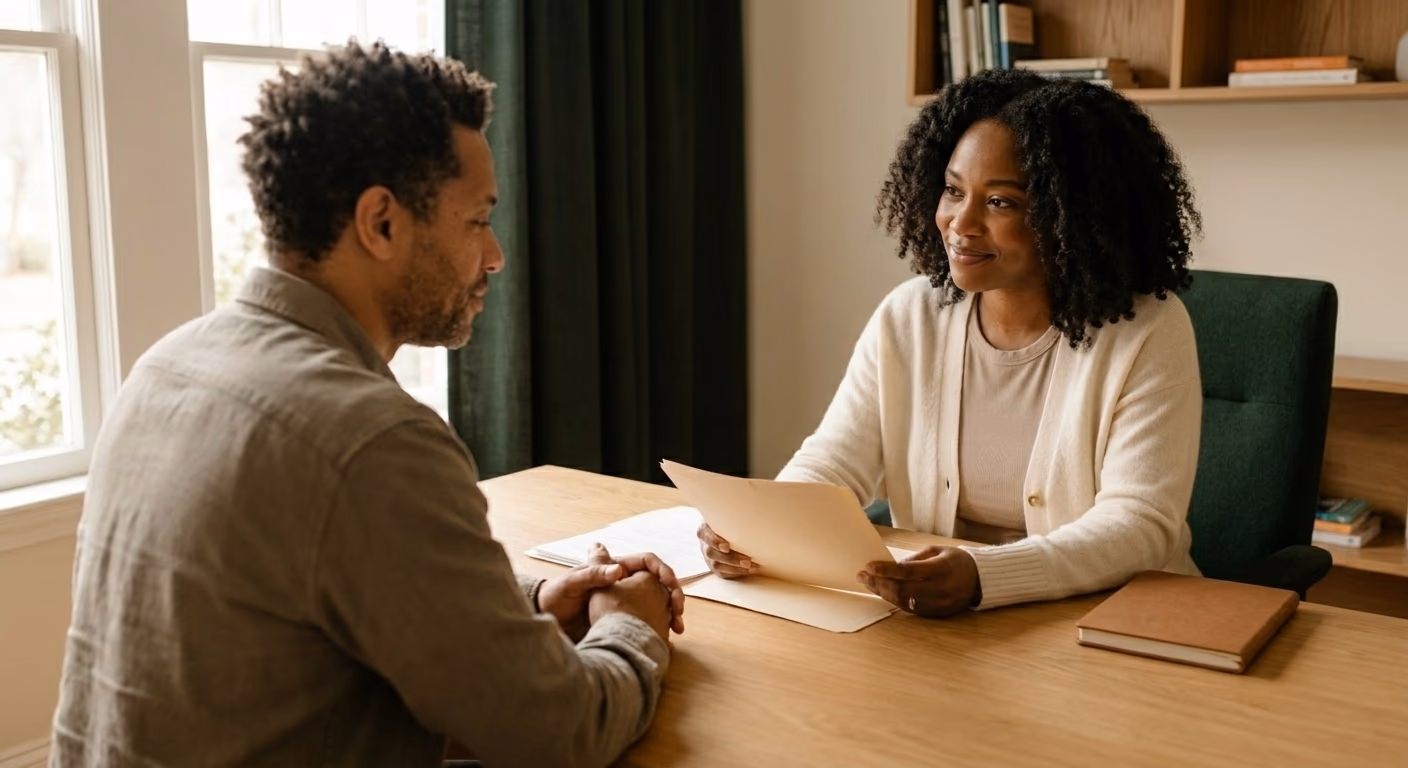 A clinician and adult patient reviewing a care plan together at a desk