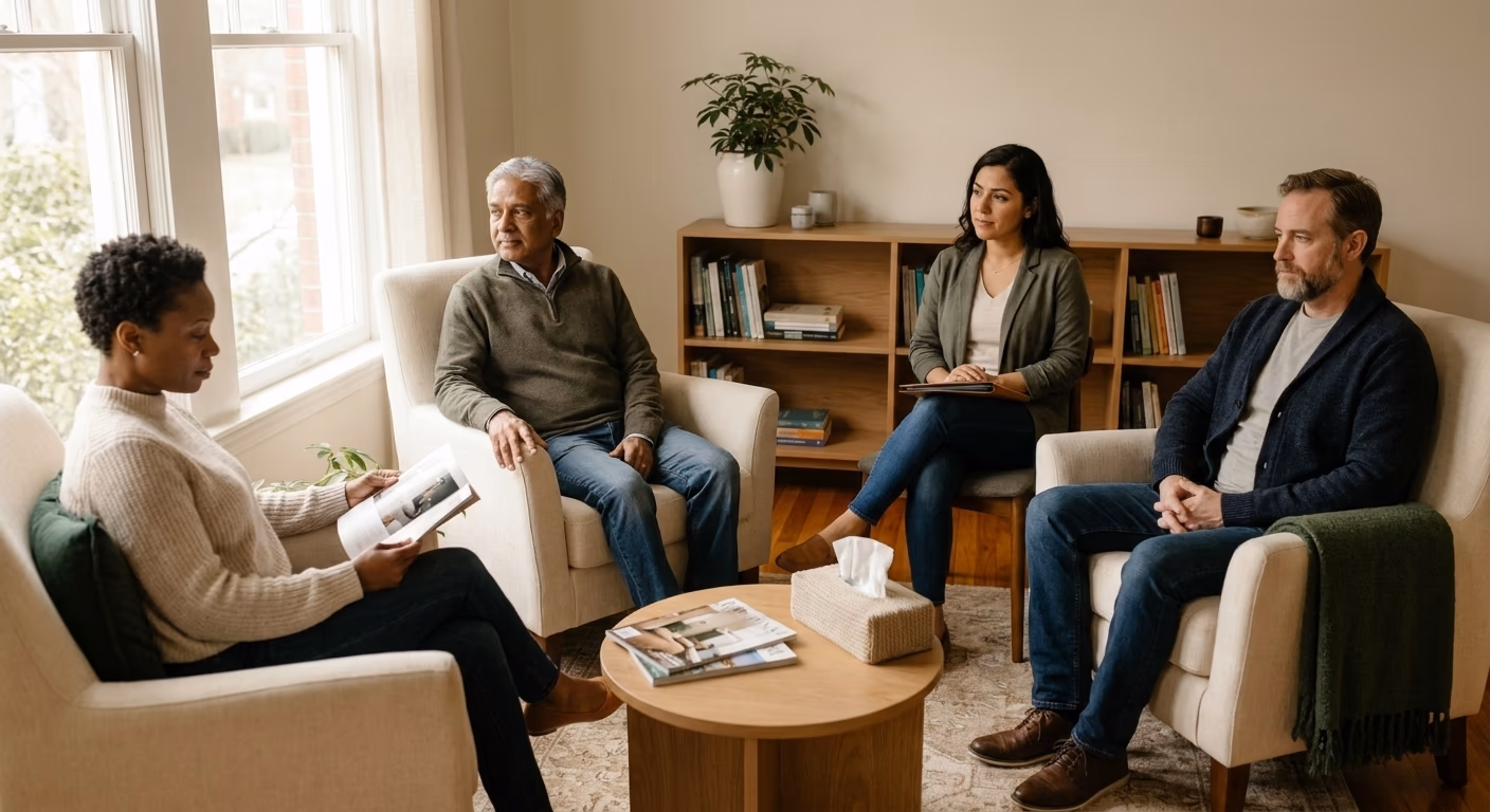 Diverse adult patients seated in a calm clinic lounge with privacy and natural light