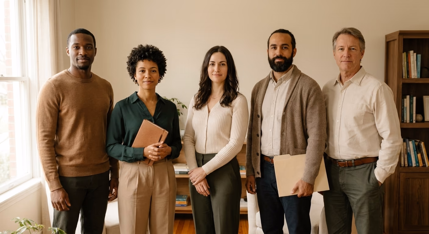 Diverse outpatient clinic team standing together in a bright clinic space